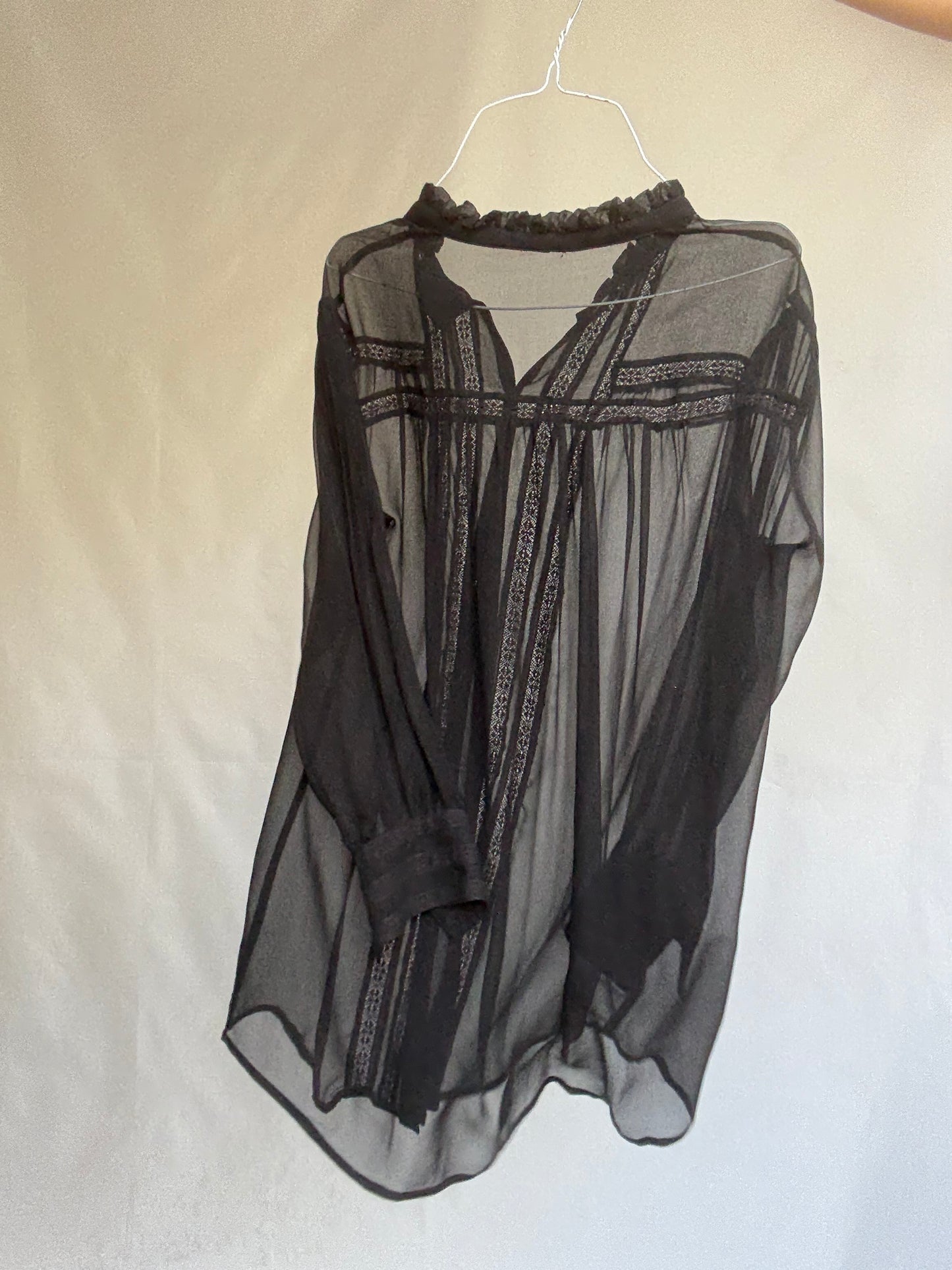 Vintage Black Sheer Blouse – Romantic Goth See-Through Shirt with Ruffle Collar