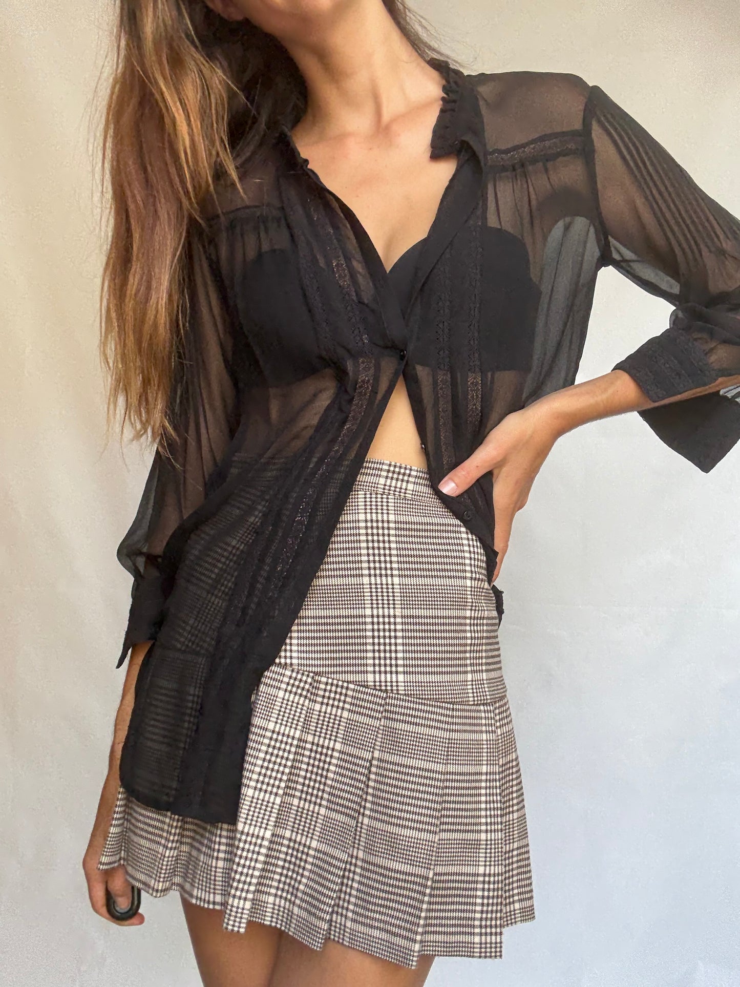Vintage Black Sheer Blouse – Romantic Goth See-Through Shirt with Ruffle Collar