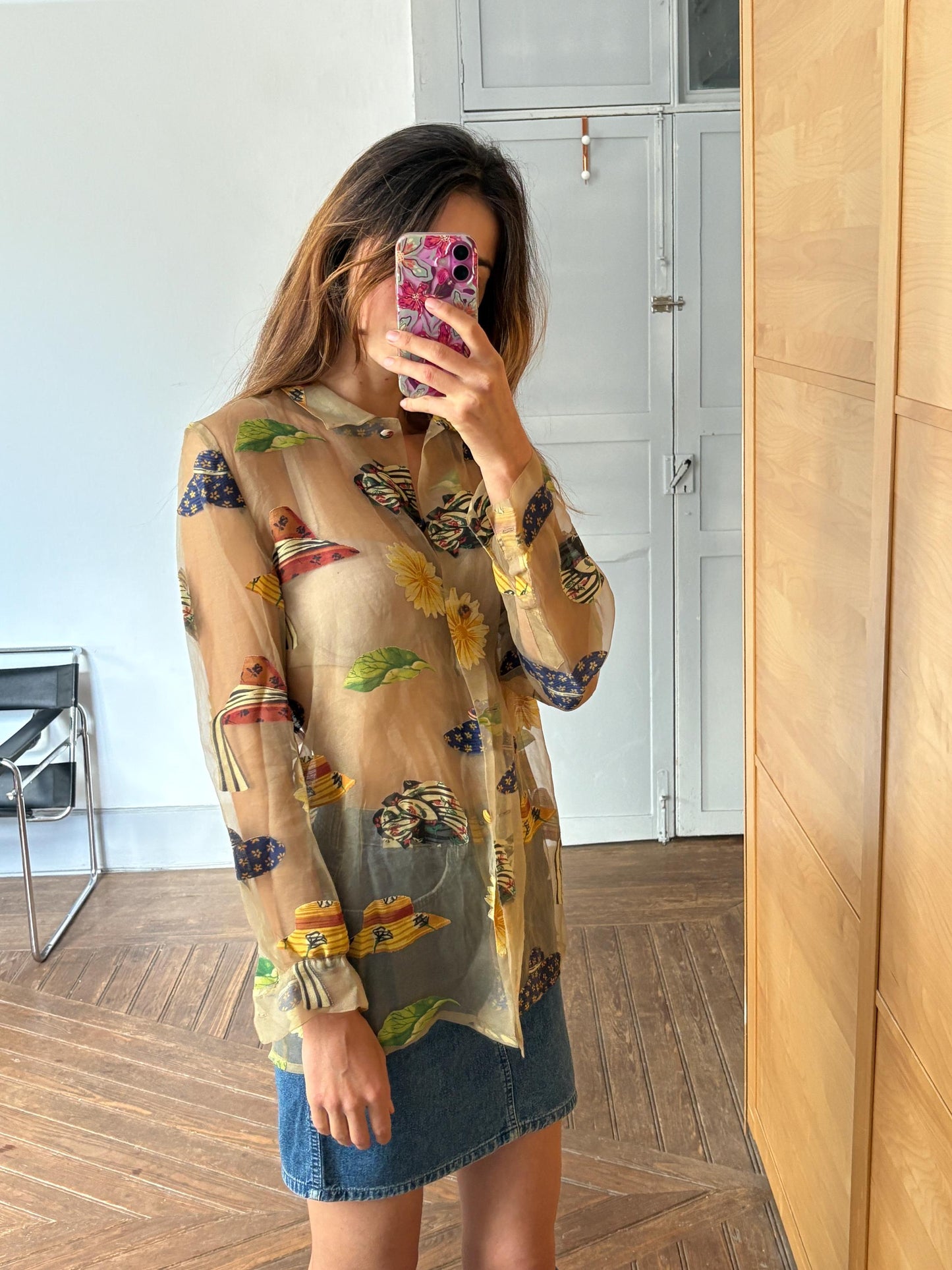 Vintage Sheer Handmade Blouse with Hat Appliqués – One of a Kind!