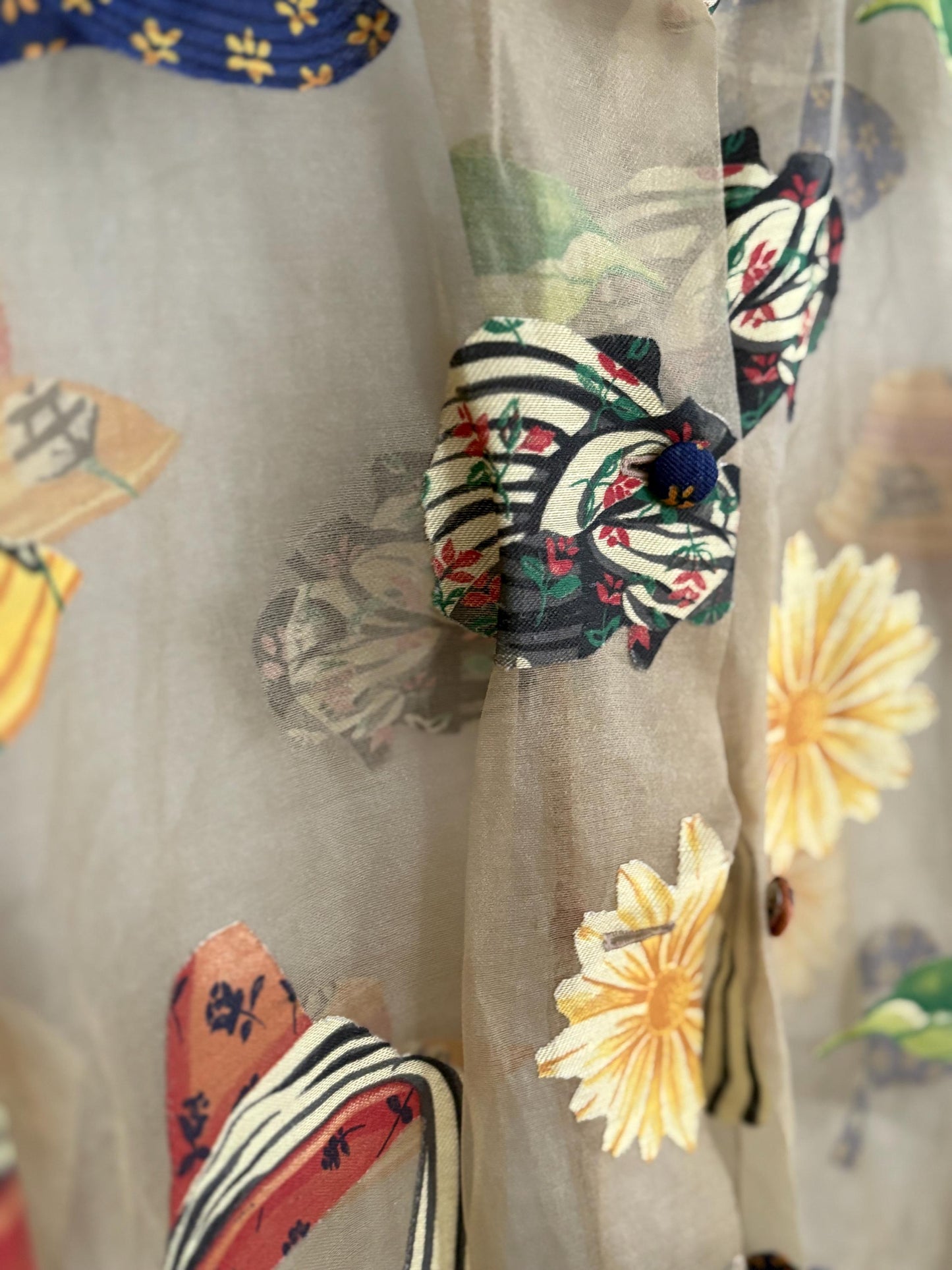 Vintage Sheer Handmade Blouse with Hat Appliqués – One of a Kind!