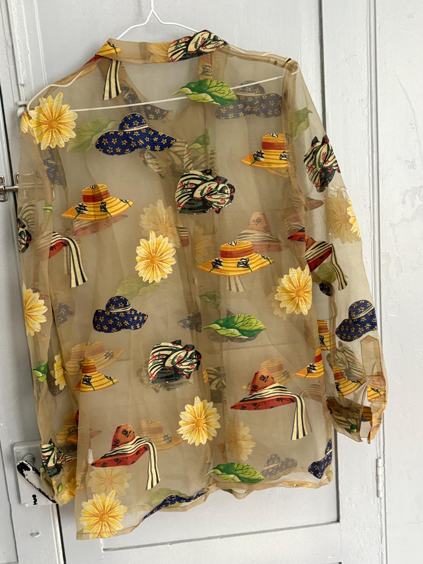 Vintage Sheer Handmade Blouse with Hat Appliqués – One of a Kind!