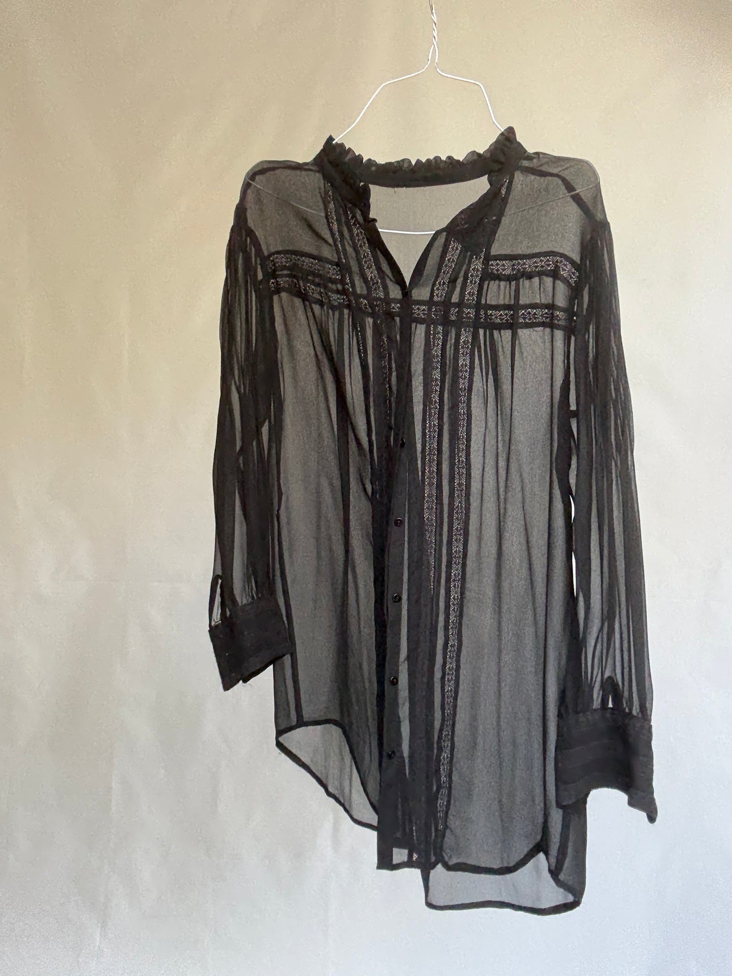 Vintage Black Sheer Blouse – Romantic Goth See-Through Shirt with Ruffle Collar