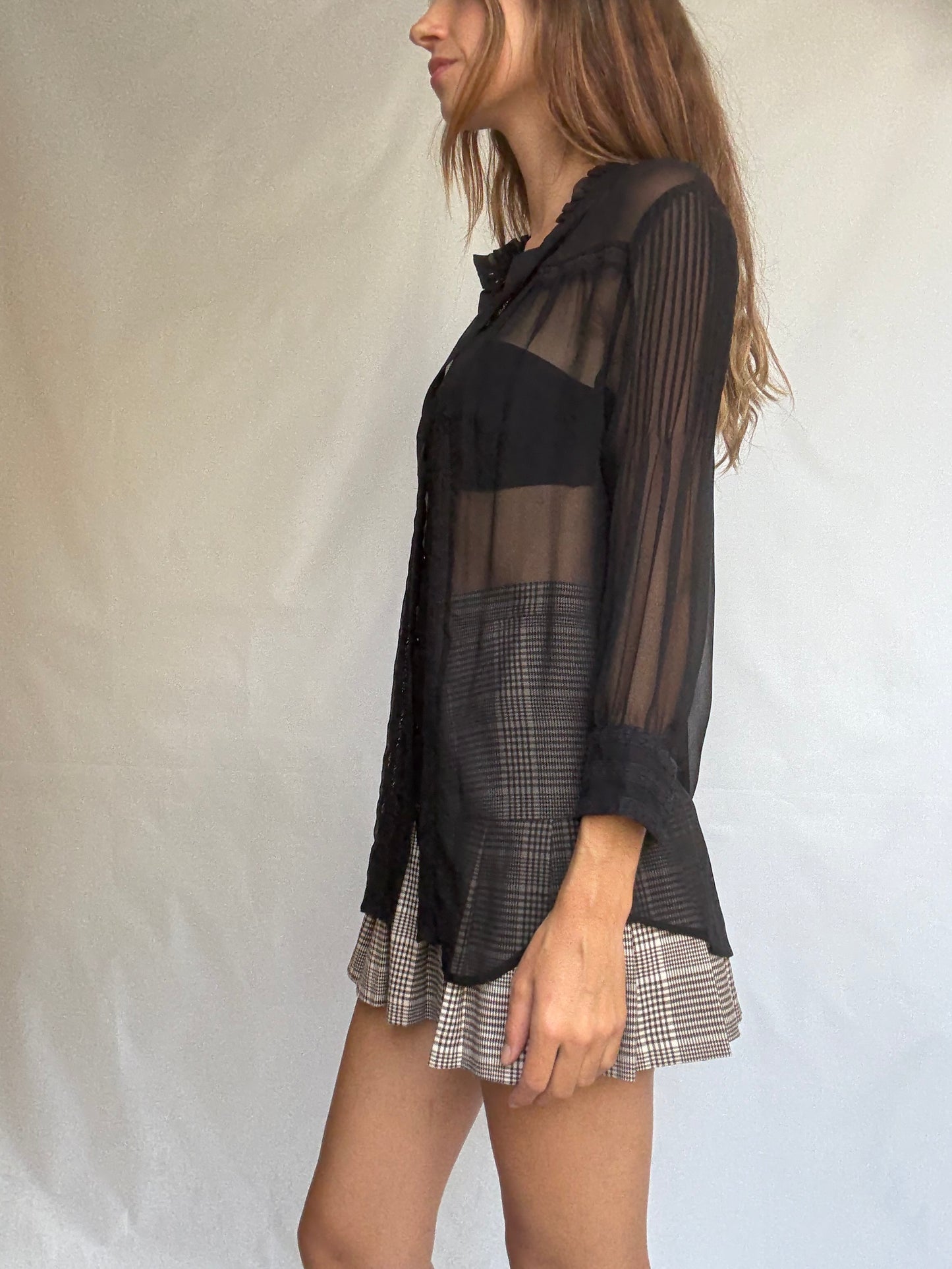 Vintage Black Sheer Blouse – Romantic Goth See-Through Shirt with Ruffle Collar