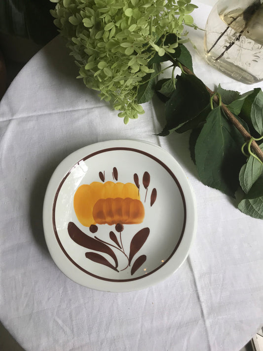 Vintage 70s Breakfast Plate Set of 3 – Retro 8 Inch Floral Brown Orange Yellow Tableware