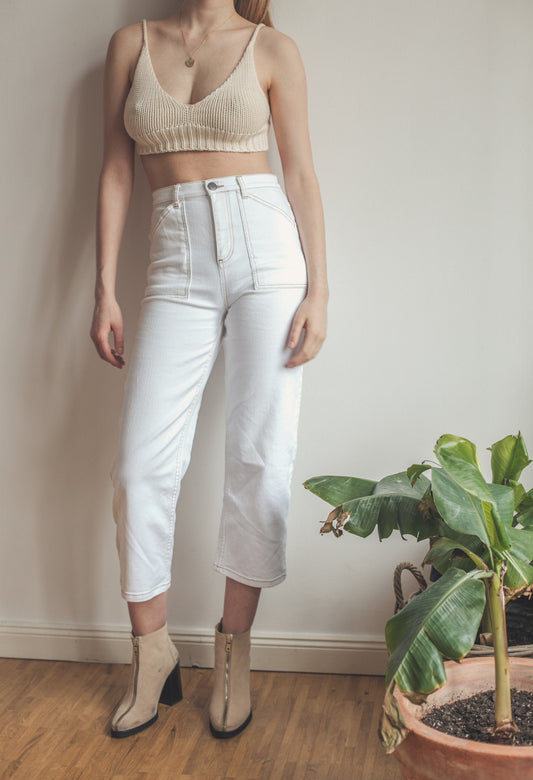 Vintage white jeans with high waist, Y2K trousers, Flared cropped women's summer trousers, High rise bootcut jeans,