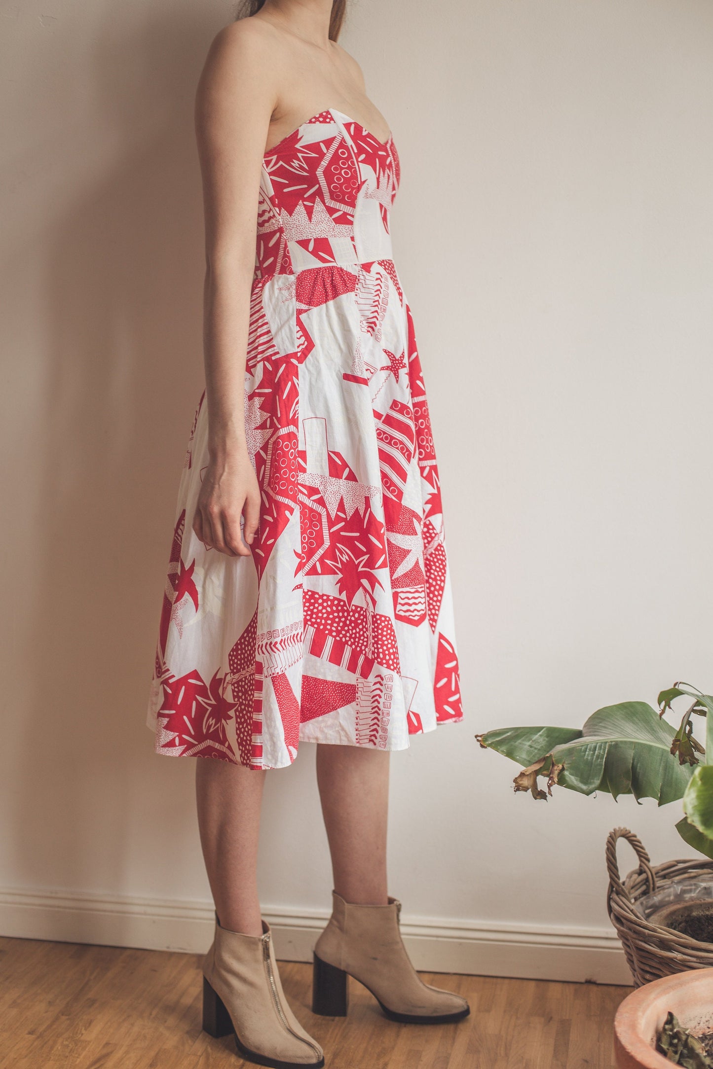 Vintage 80s Rockabilly Dress Red & White Sweetheart Neckline Prom Party Deadstock Summer