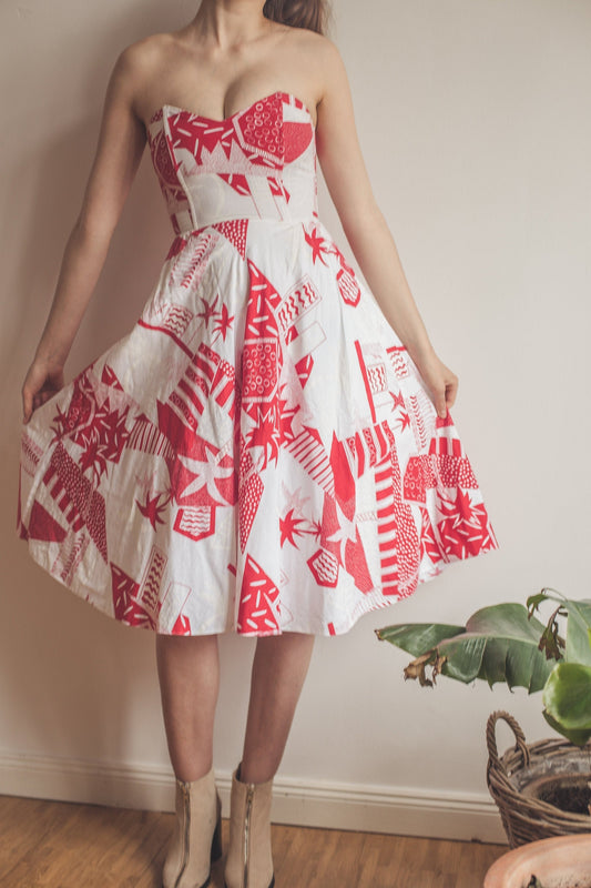 Vintage 80s Rockabilly Dress Red & White Sweetheart Neckline Prom Party Deadstock Summer