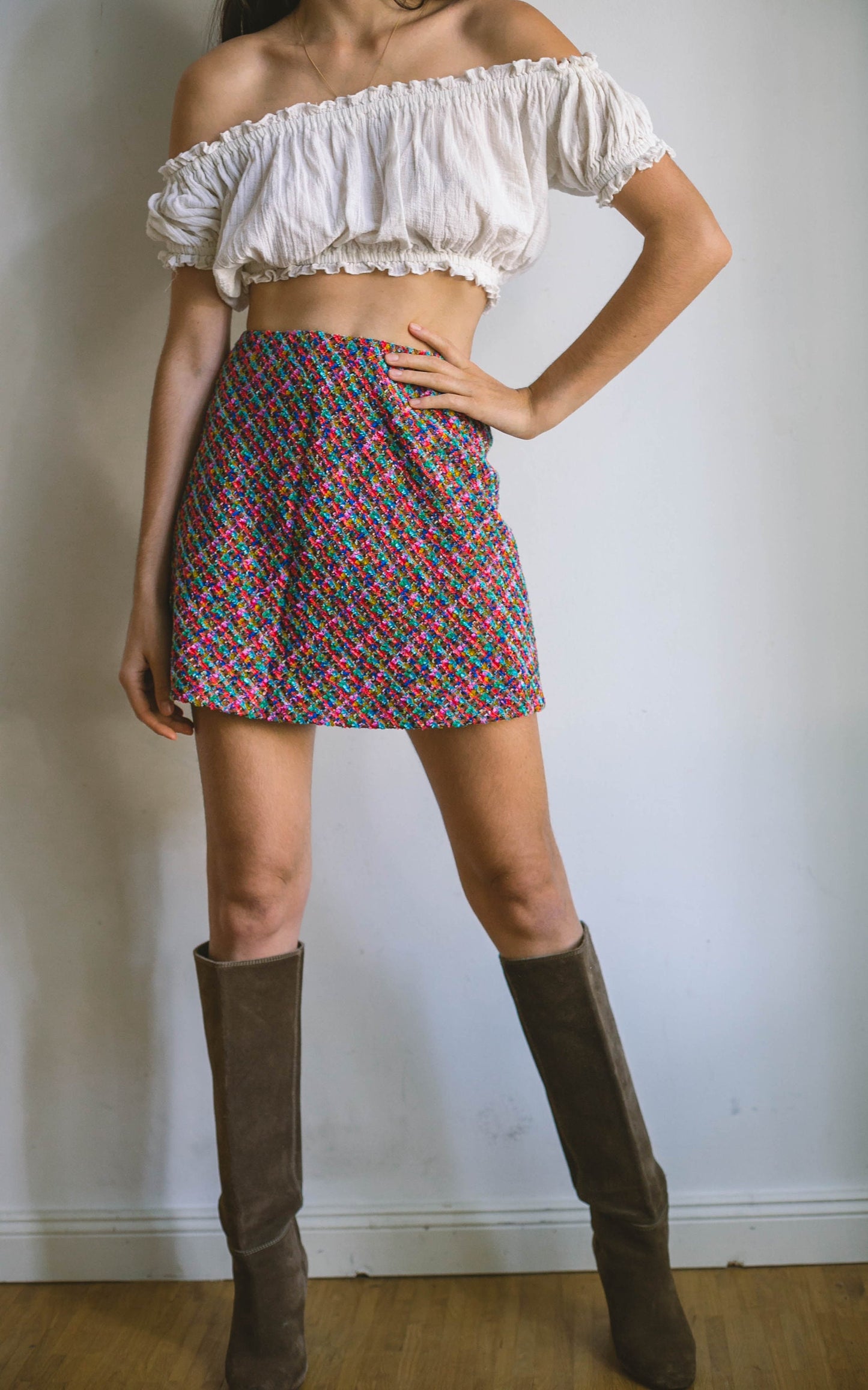 Escada colourful mini skirt, Short vintage designer skirt, Wool confetti mini skirt, 70s aesthetic, Designer clothing, 34 - XS