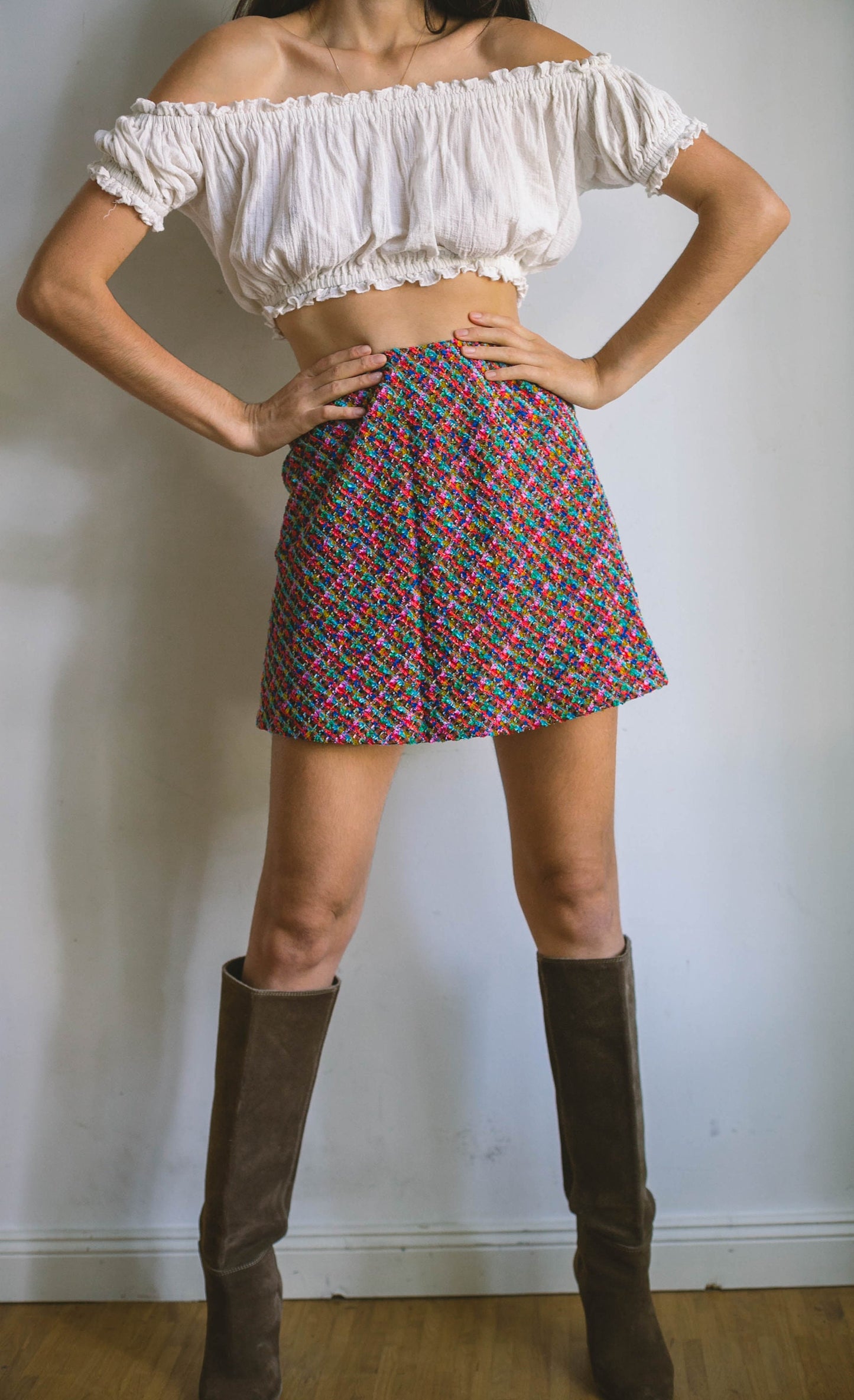 Escada colourful mini skirt, Short vintage designer skirt, Wool confetti mini skirt, 70s aesthetic, Designer clothing, 34 - XS