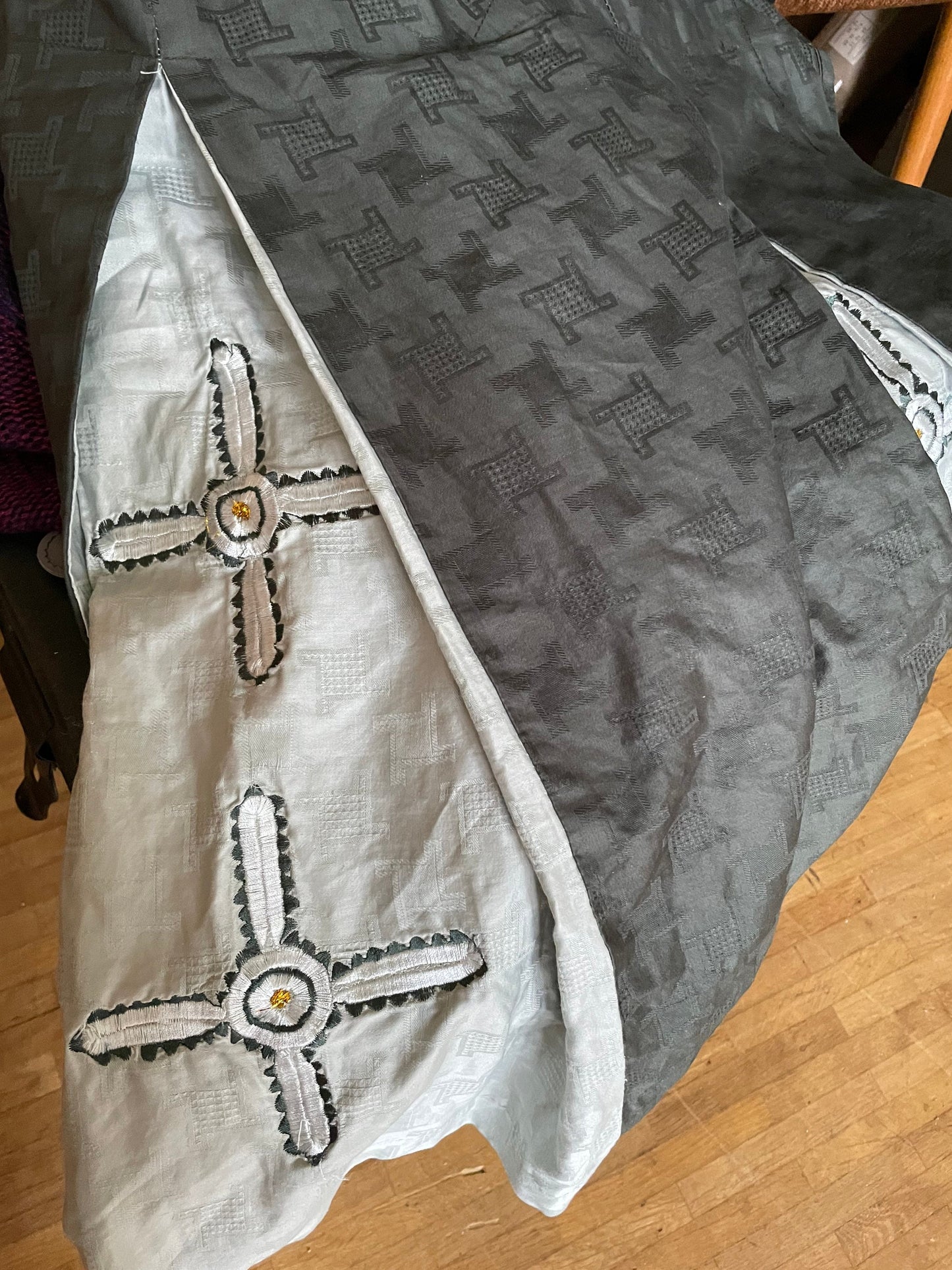 Handmade Sarong with embroidered cross, Vintage green summer skirt, costume, church clothing,