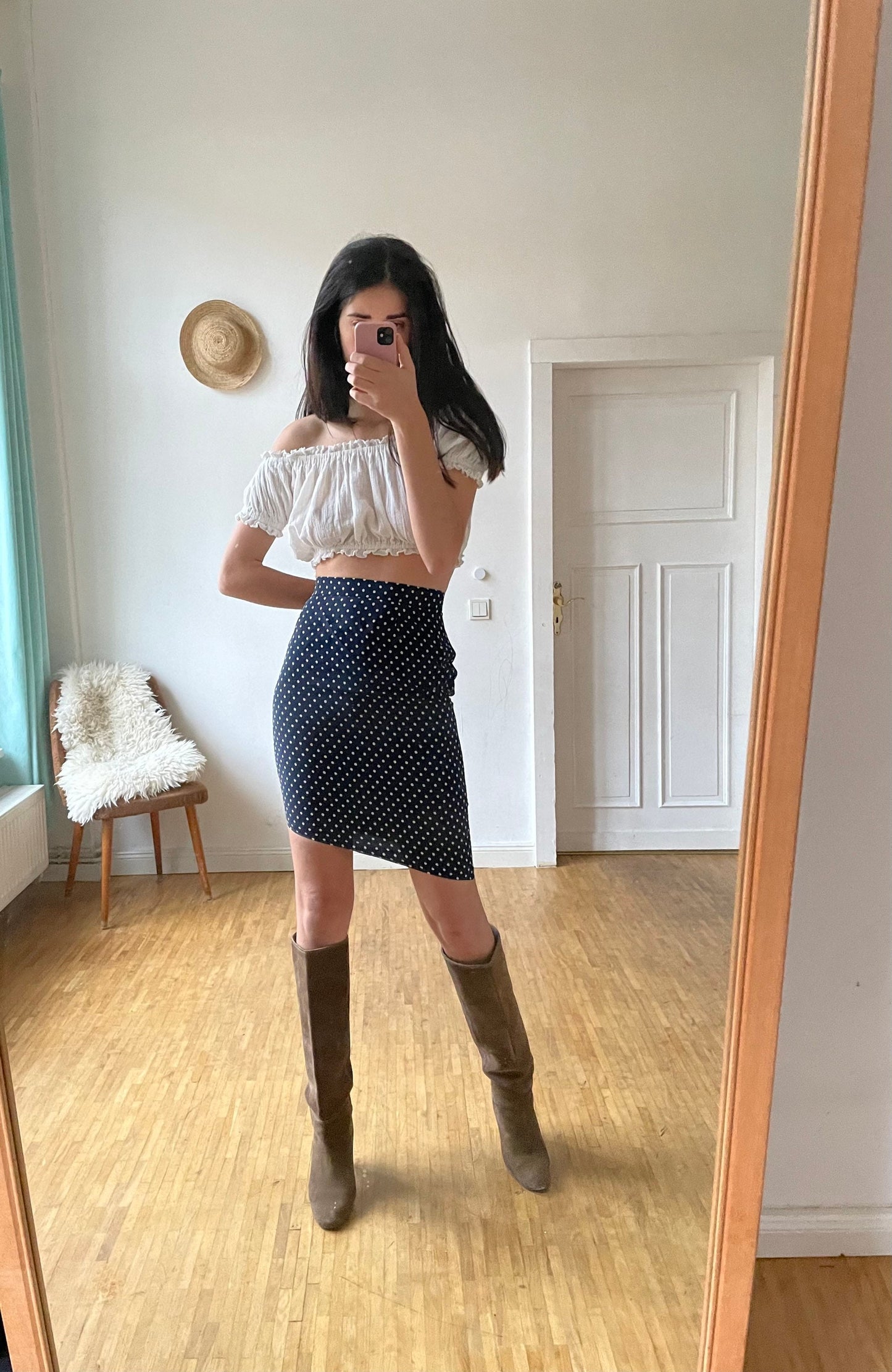 Dotted asymmetrical high waist midi skirt, French Parisian style high rise summer skirt, 1980s Pencil skirt, Vintage women clothing,