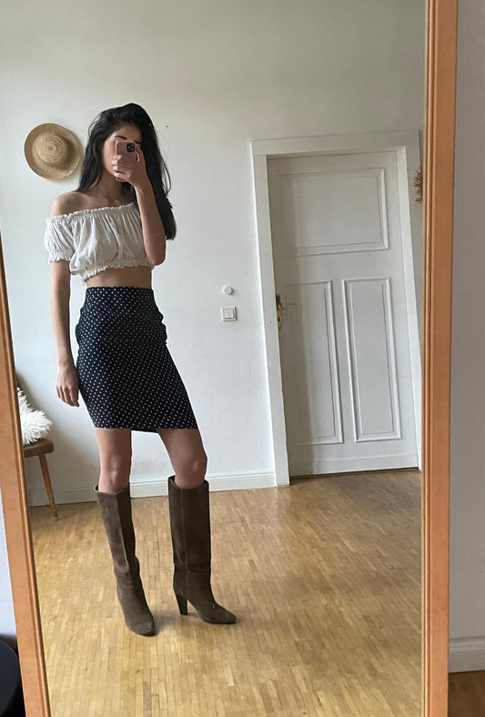 Dotted asymmetrical high waist midi skirt, French Parisian style high rise summer skirt, 1980s Pencil skirt, Vintage women clothing,