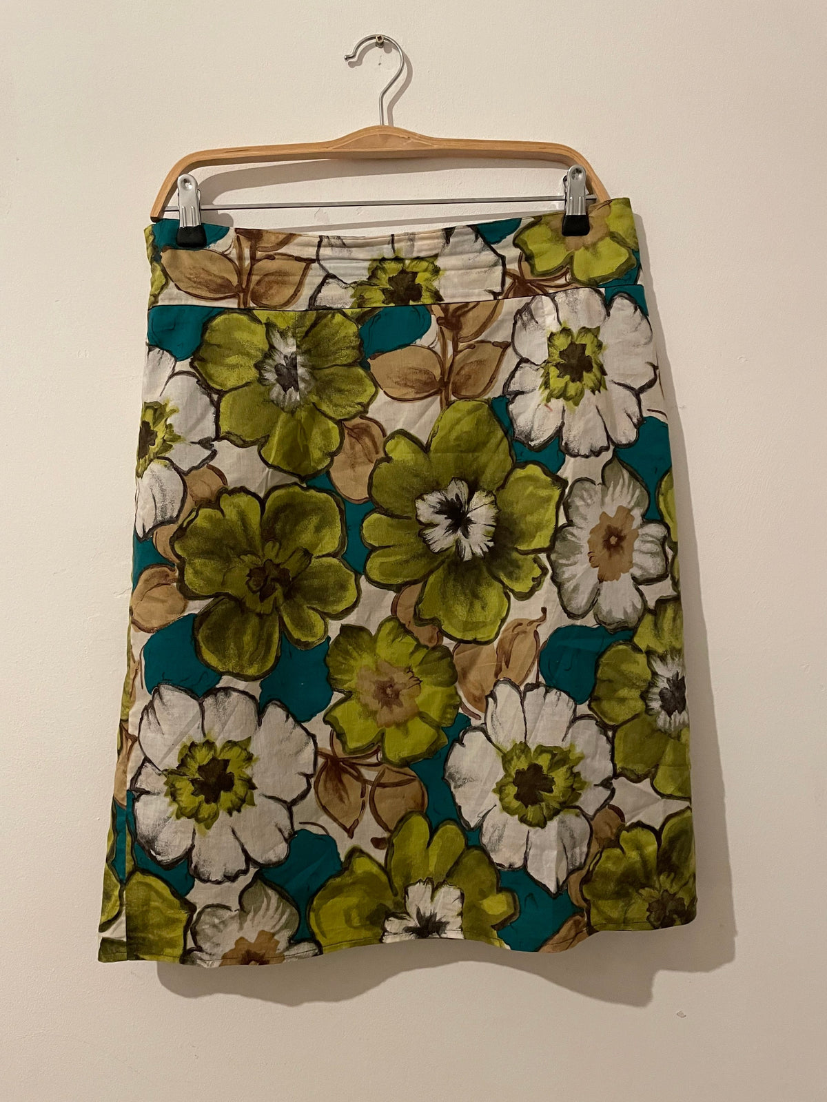 Green Floral Vintage 80s High Waist Cotton Skirt