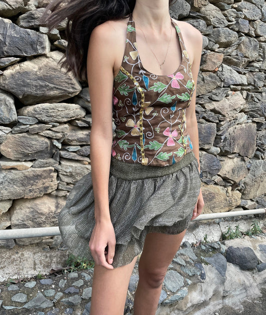 Brown Embroidered Halter Corset Top — detail