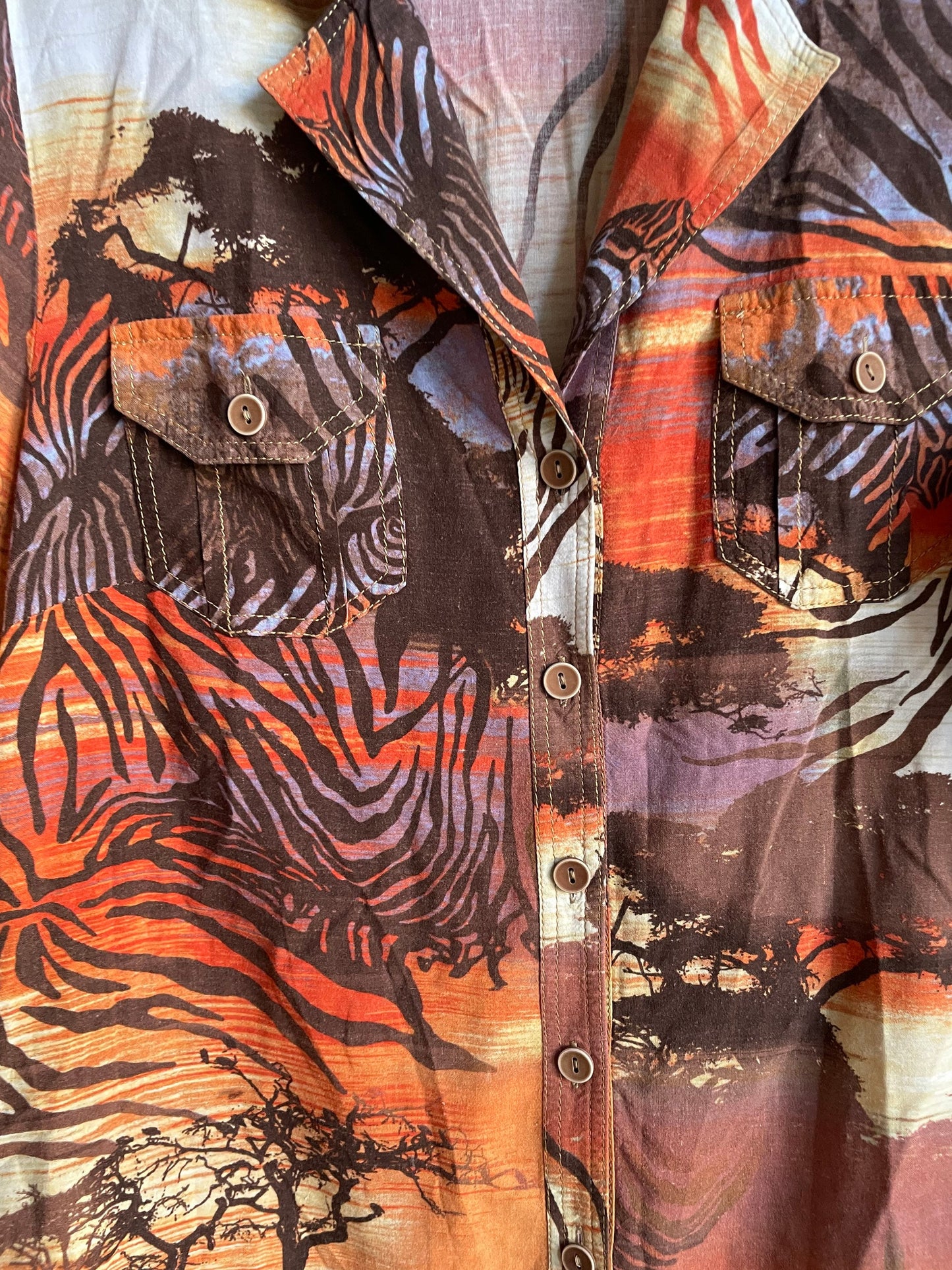 Vintage Safari Button Down Shirt for Women, Burnt Orange Tropical Print Blouse, Linen Cotton Blend Summer Top with Pockets,Tie-Up or Tuck In