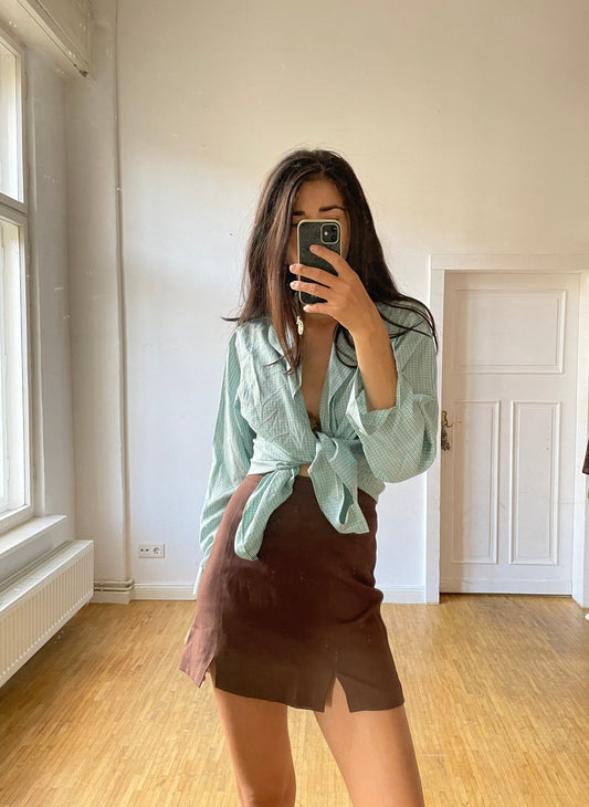 Vintage Balloon brand button-down shirt in green gingham pure silk, oversized soft drape blouse, wearable as crop tie top, Jane Birkin style