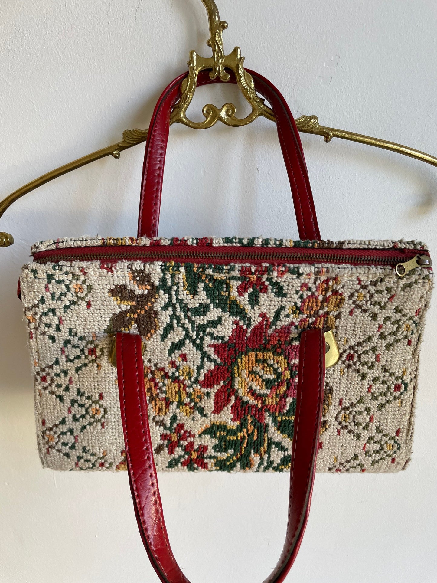 Vintage Tapestry Floral Handbag with Red Leather Handles | Cottagecore Chic