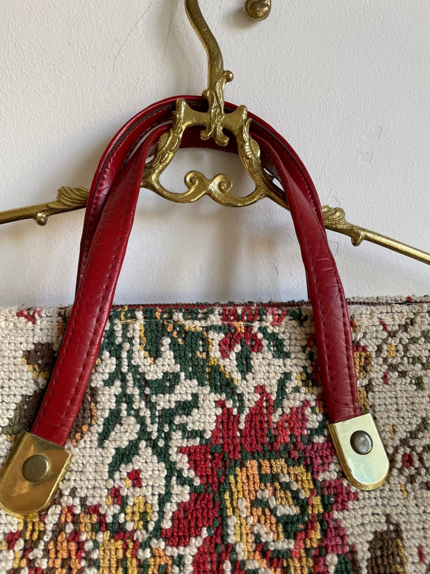 Vintage Tapestry Floral Handbag with Red Leather Handles | Cottagecore Chic
