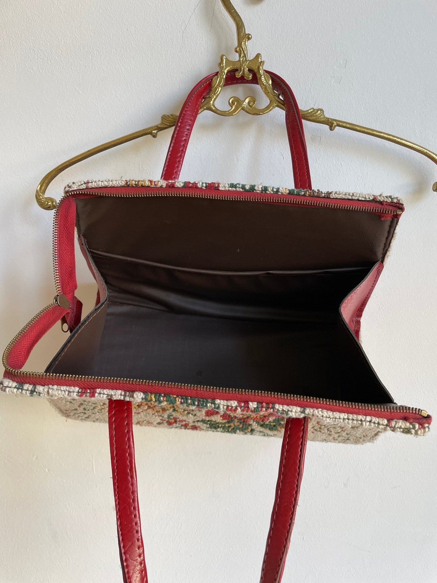 Vintage Tapestry Floral Handbag with Red Leather Handles | Cottagecore Chic