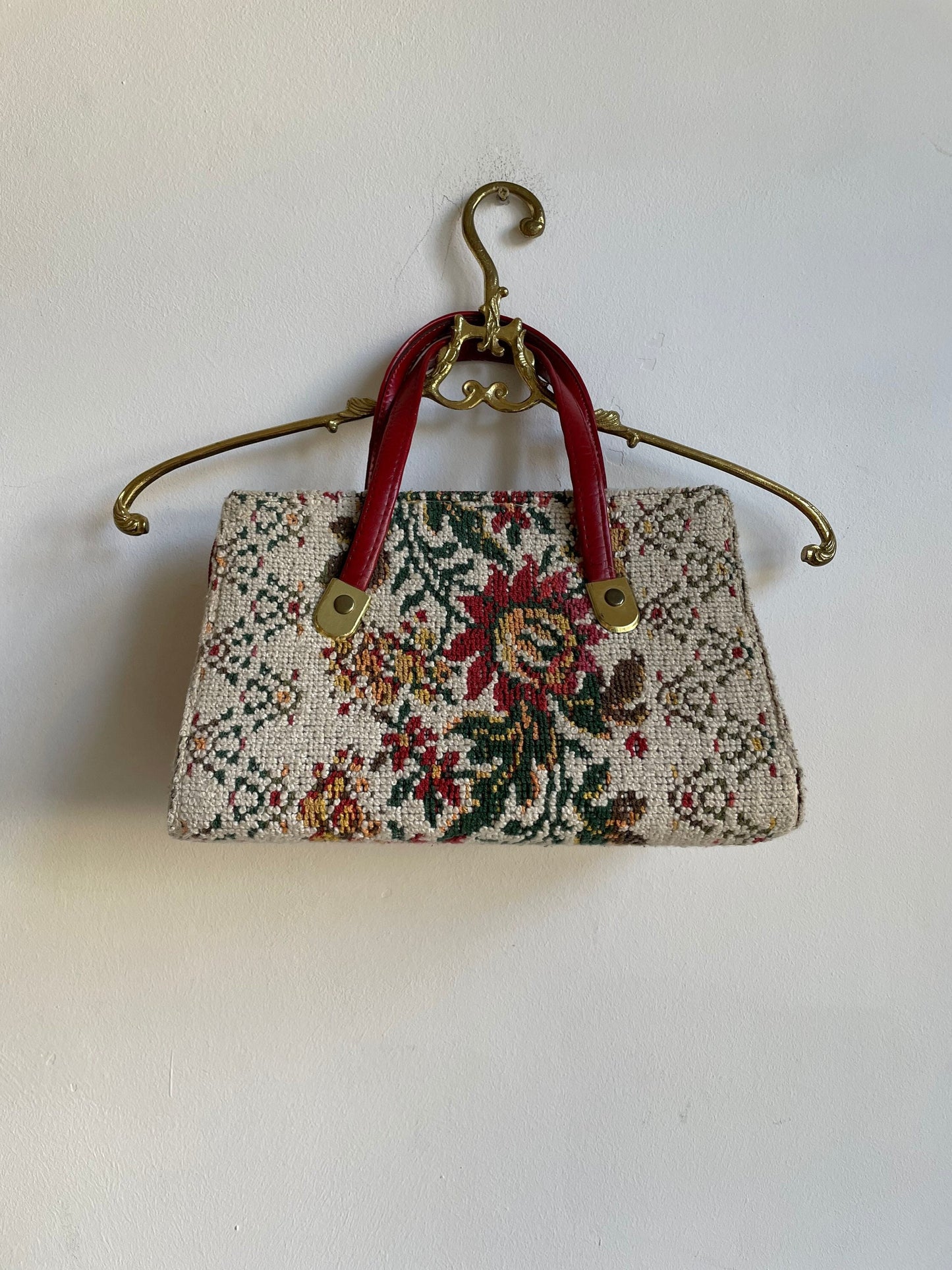 Vintage Tapestry Floral Handbag with Red Leather Handles | Cottagecore Chic