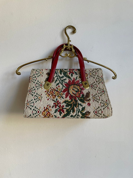 Vintage Tapestry Floral Handbag with Red Leather Handles | Cottagecore Chic