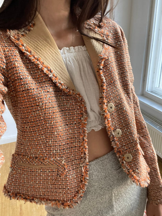 Vintage Wool Designer Jacket
Orange Tweed Silk Jacket
Classic Spring Summer Blazer
Feminine Wedding Guest Blazer — detail