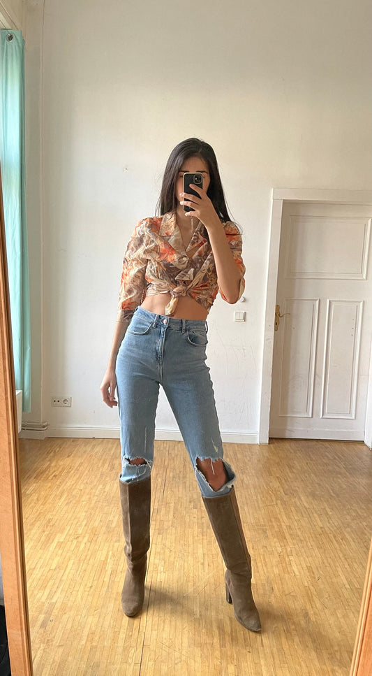 Retro woman vintage Floral Short sleeve Blouse - Retro women's shirt, Oversized summer blouse, Orange and yellow abstract pattern top, M - L