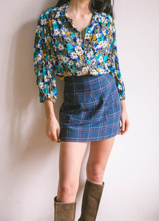 Vibrant blue and white vintage floral women blouse, Retro flower shirt, feminine summer top