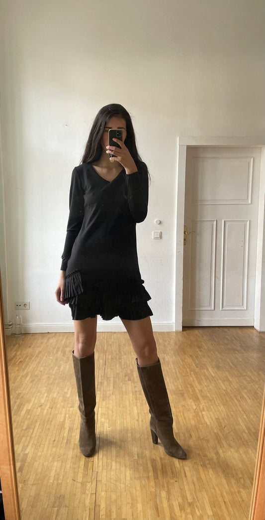 Vintage black ruffle dress with long sleeves, Mini summer dress,