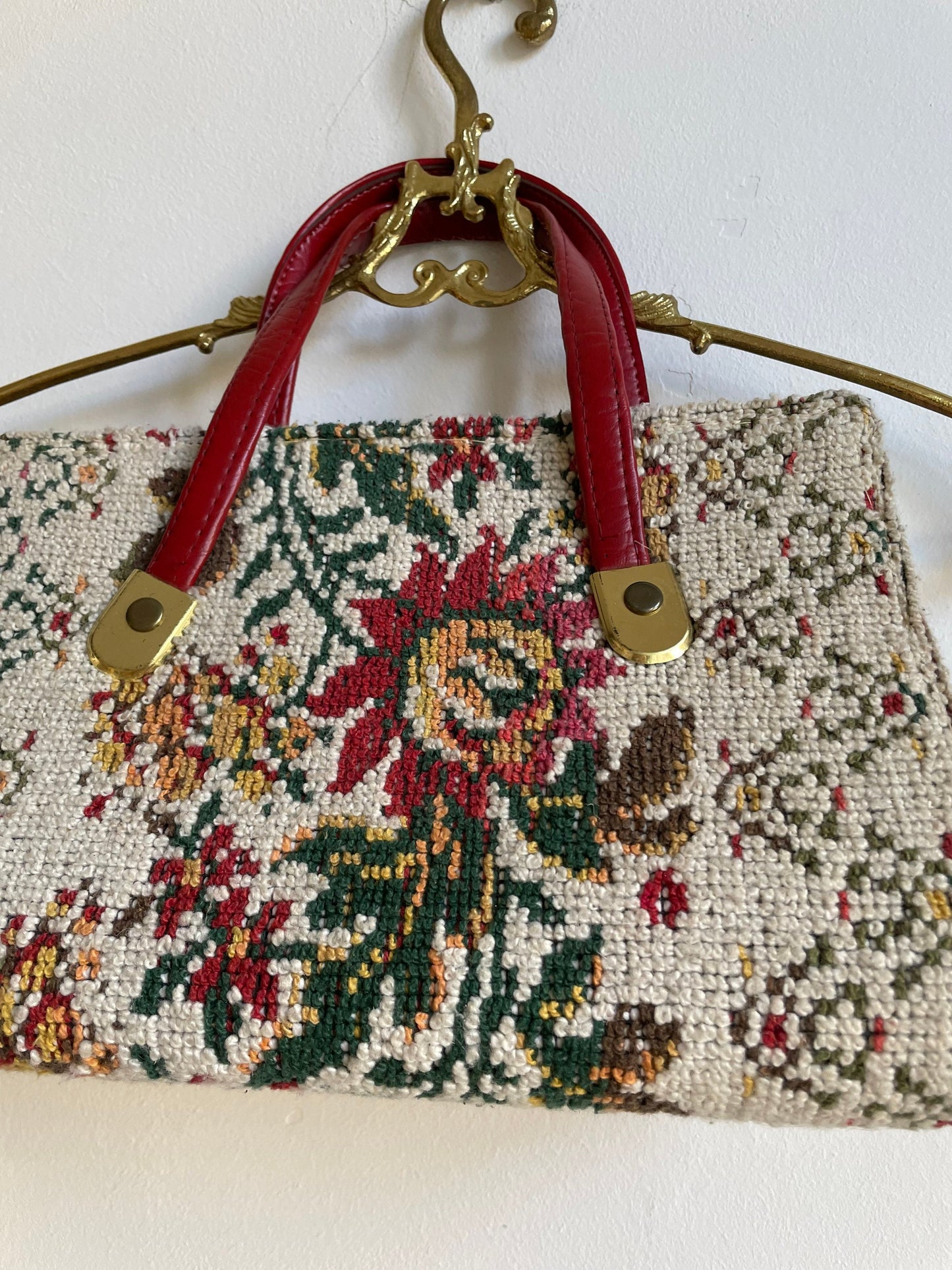 Vintage Tapestry Floral Handbag with Red Leather Handles | Cottagecore Chic
