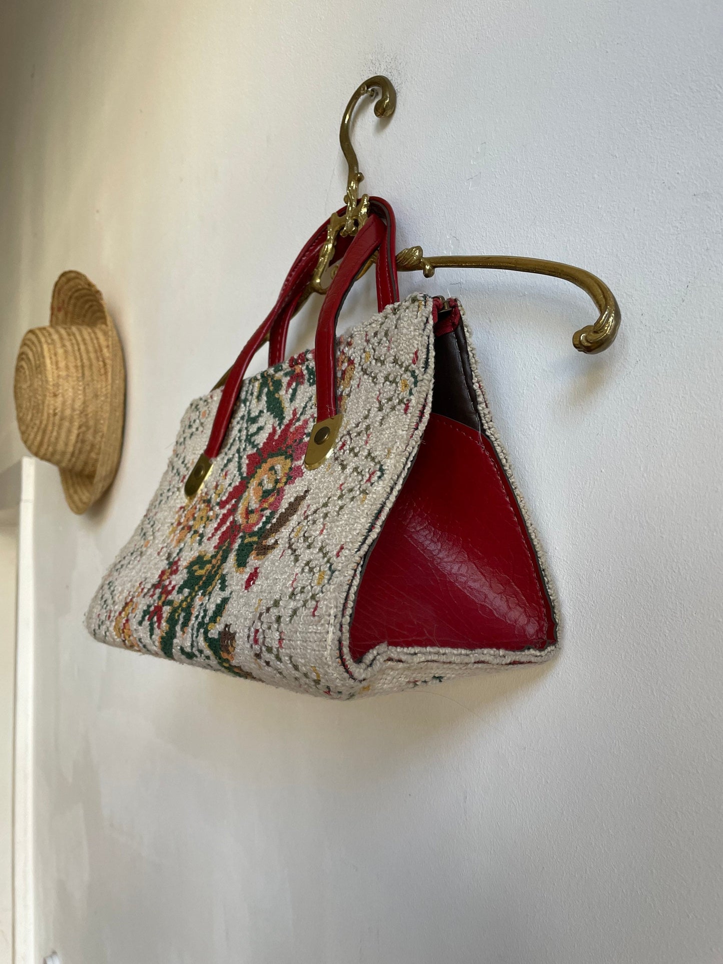 Vintage Tapestry Floral Handbag with Red Leather Handles | Cottagecore Chic