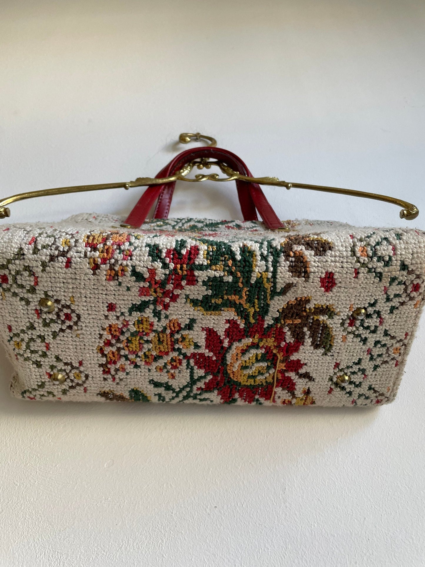 Vintage Tapestry Floral Handbag with Red Leather Handles | Cottagecore Chic
