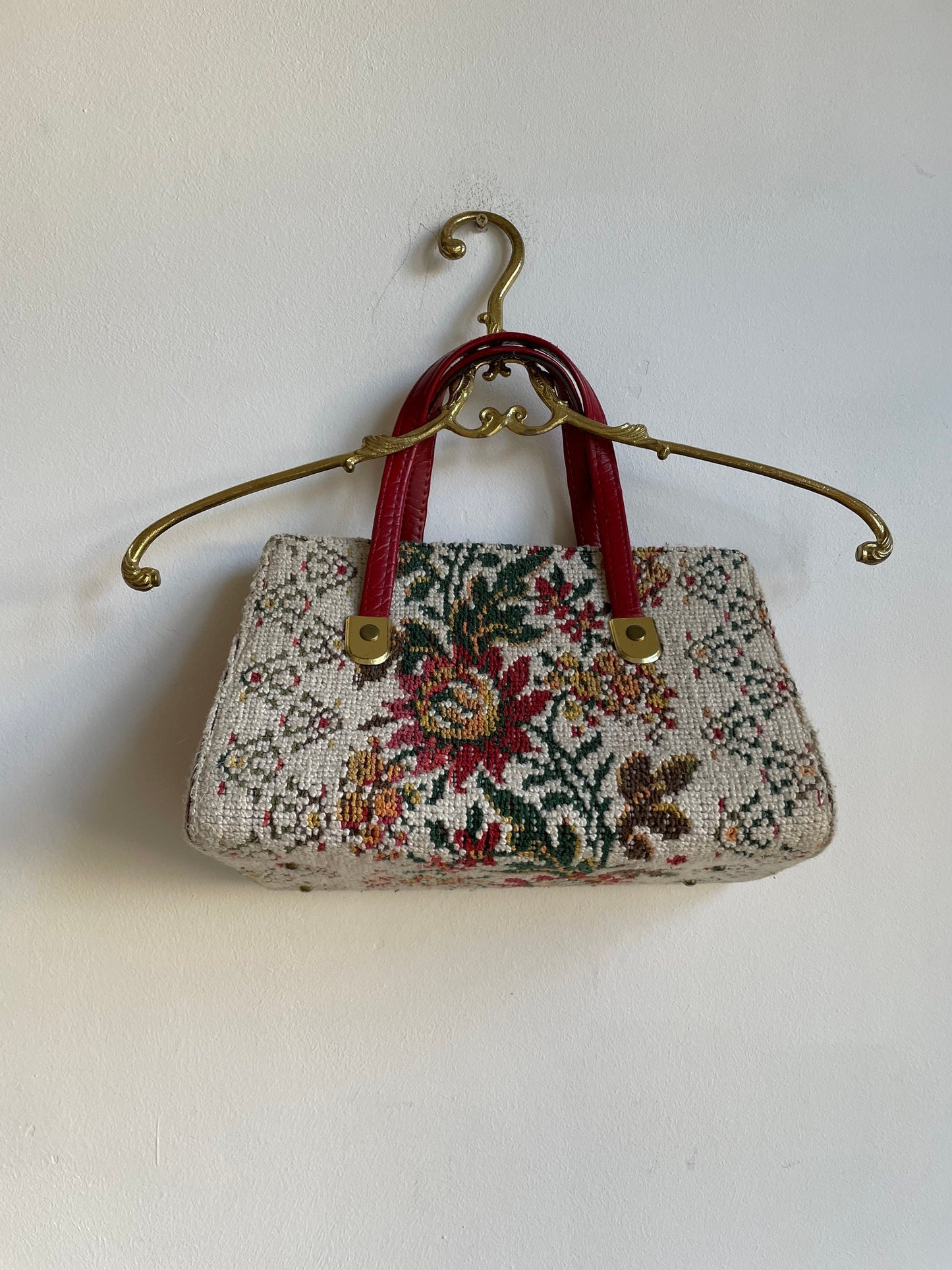 Vintage Tapestry Floral Handbag with Red Leather Handles | Cottagecore Chic