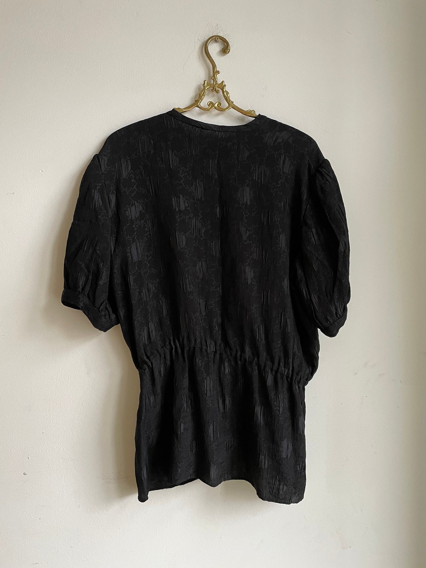Vintage black top, 80s black blouse, Cute puff sleeve shirt, Short balloon sleeve feminine blouse, M