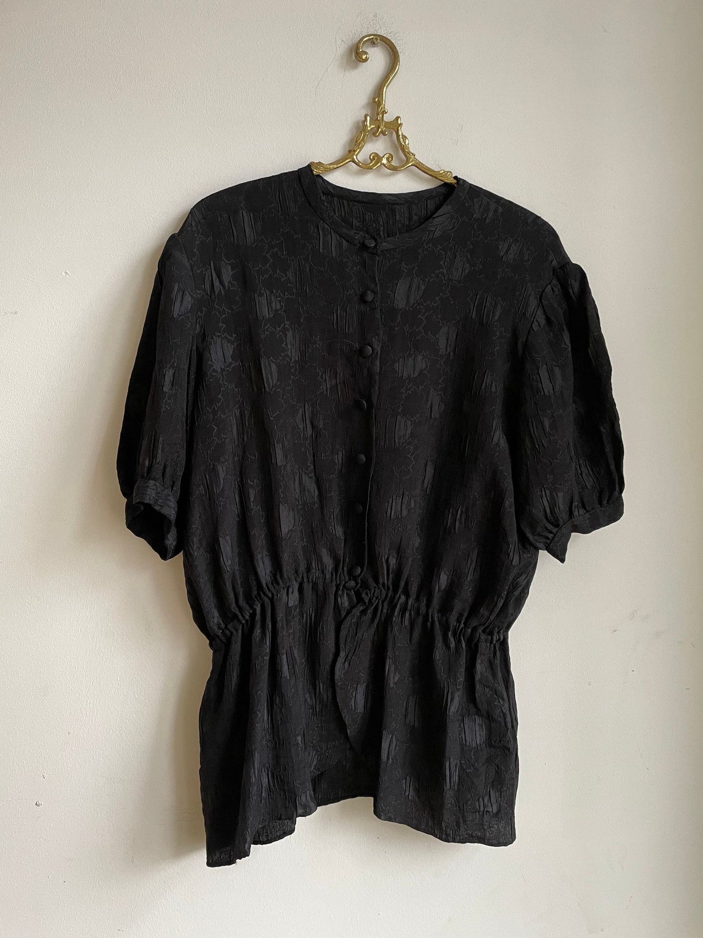 Vintage black top, 80s black blouse, Cute puff sleeve shirt, Short balloon sleeve feminine blouse, M