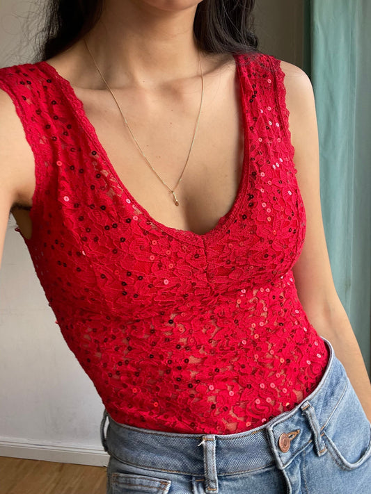 Gorgeous red sequin femme fatale leotard, Vibrant glitter one piece, Boujee deep v camisole, Vintage bodysuit, Clubbing top, Christmas top