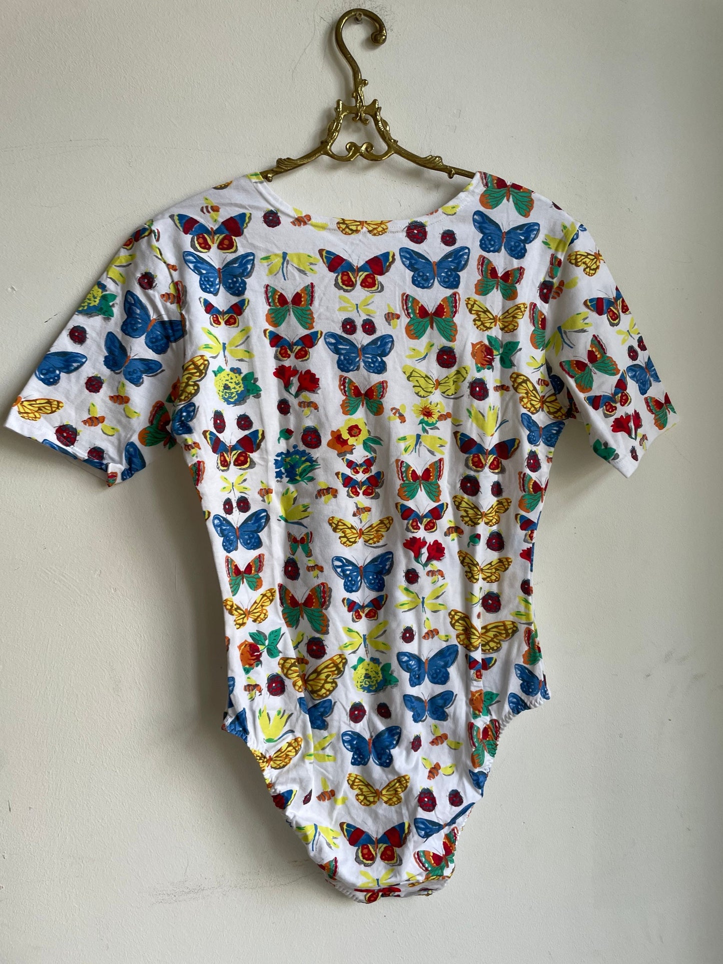 Vintage Butterfly Cotton Bodysuit, Retro Cottagecore Short Sleeve Leotard, Colorful Summer Top, Tie Front, Size S (XL Tag)