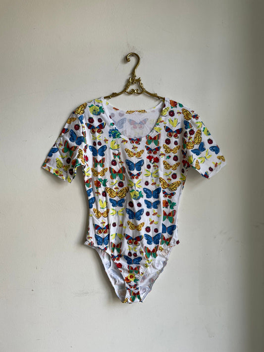 Vintage Butterfly Cotton Bodysuit, Retro Cottagecore Short Sleeve Leotard, Colorful Summer Top, Tie Front, Size S (XL Tag)