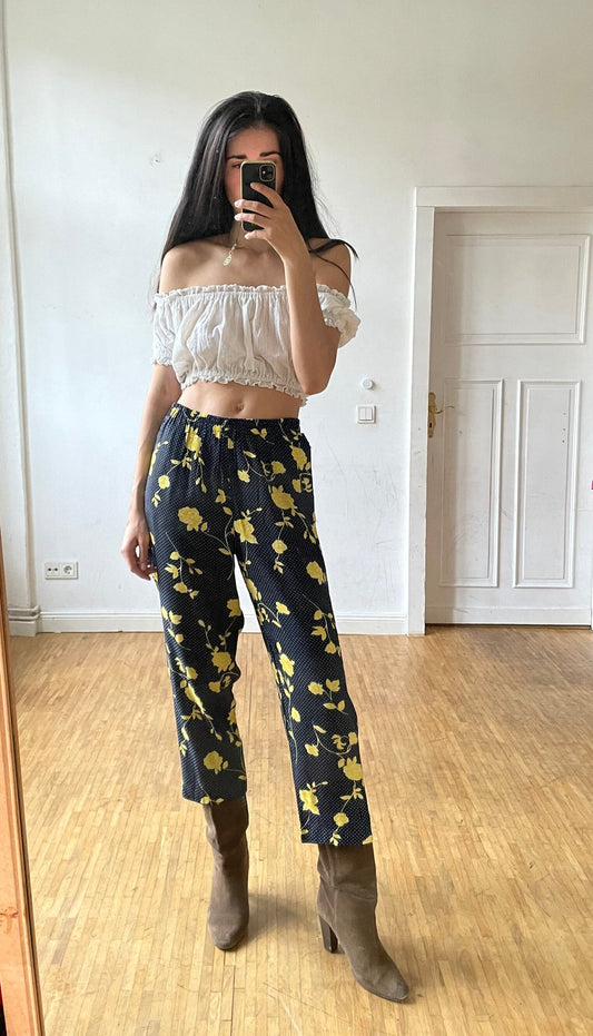 Vintage Floral Trousers High Waist 3/4 Pants Cottagecore Bloomcore Summer Retro Clothing Size L 42