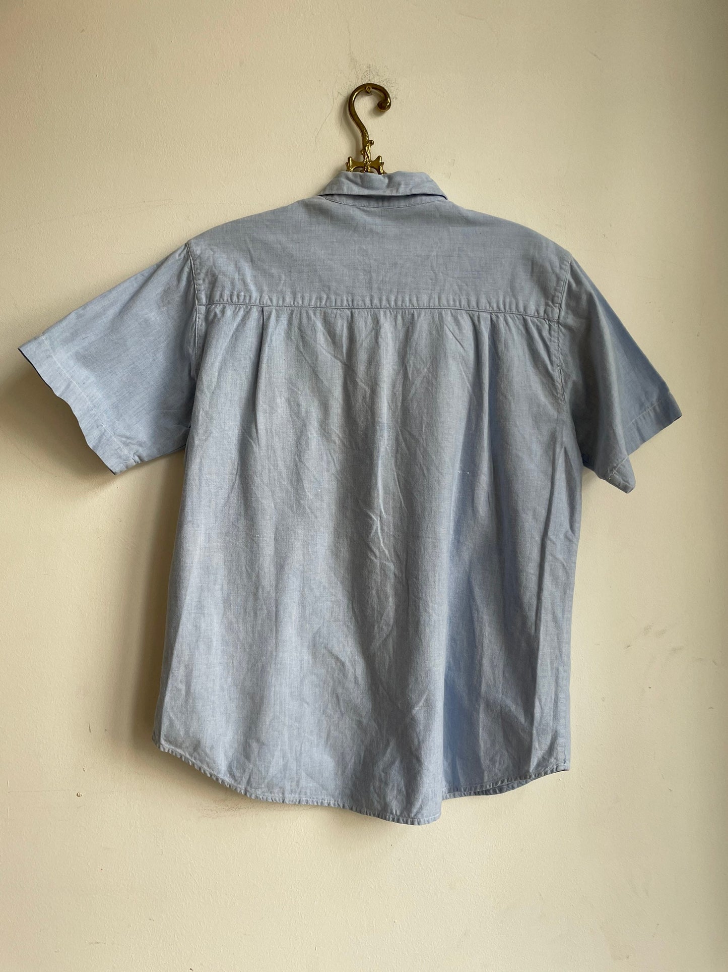 Baby blue oversized blouse with patchwork, Vintage denim women's blouse, Light blue summer top, retro women shirt, Short sleeve button up