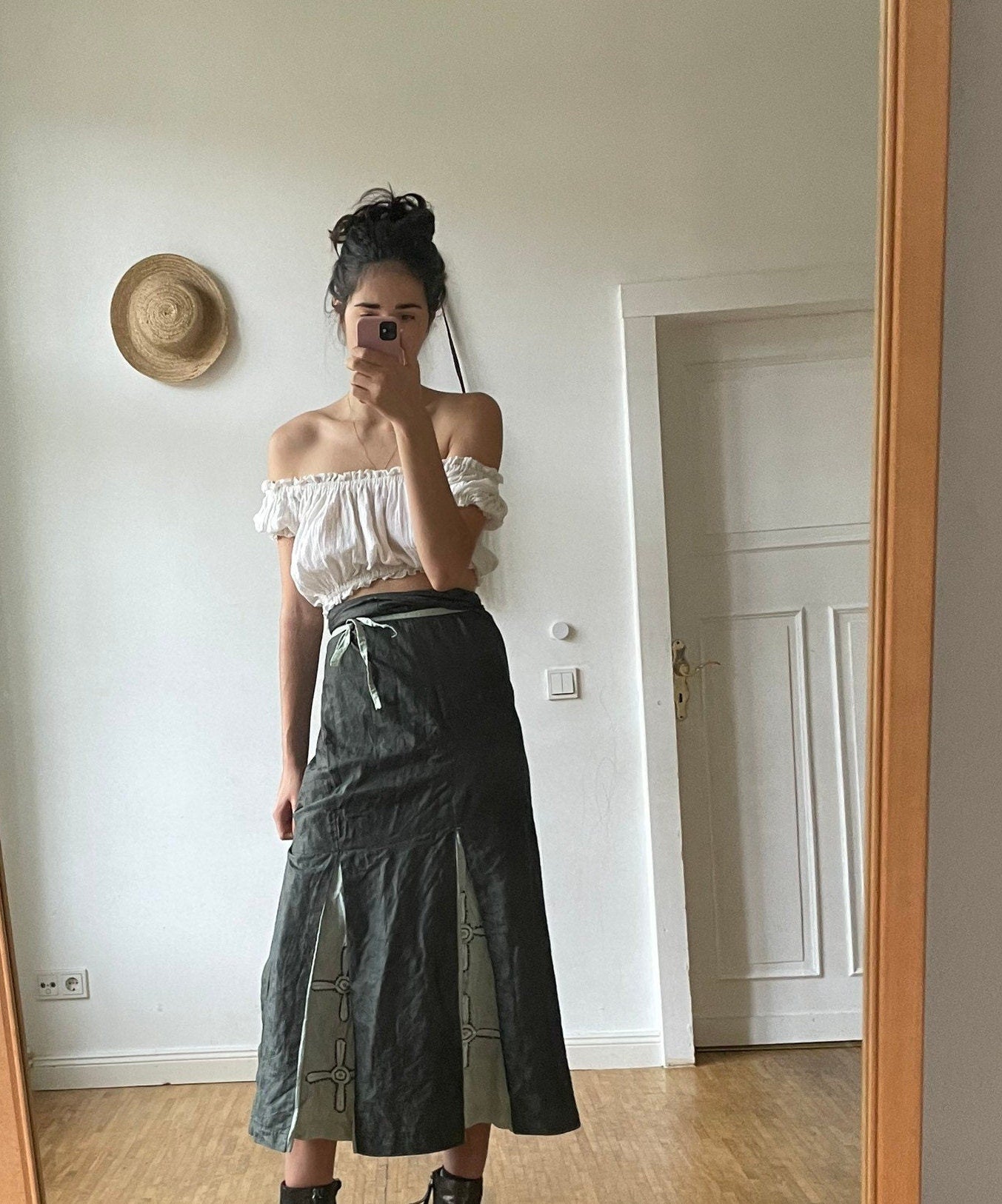 Handmade Sarong with embroidered cross, Vintage green summer skirt, costume, church clothing,