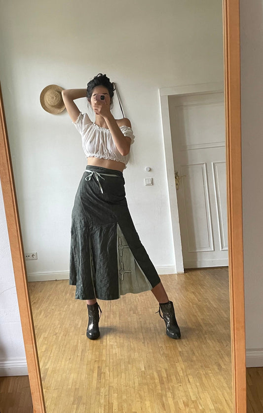 Handmade Sarong with embroidered cross, Vintage green summer skirt, costume, church clothing,