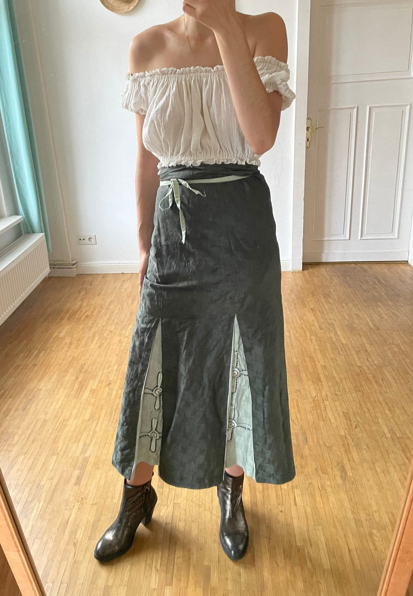 Handmade Sarong with embroidered cross, Vintage green summer skirt, costume, church clothing,