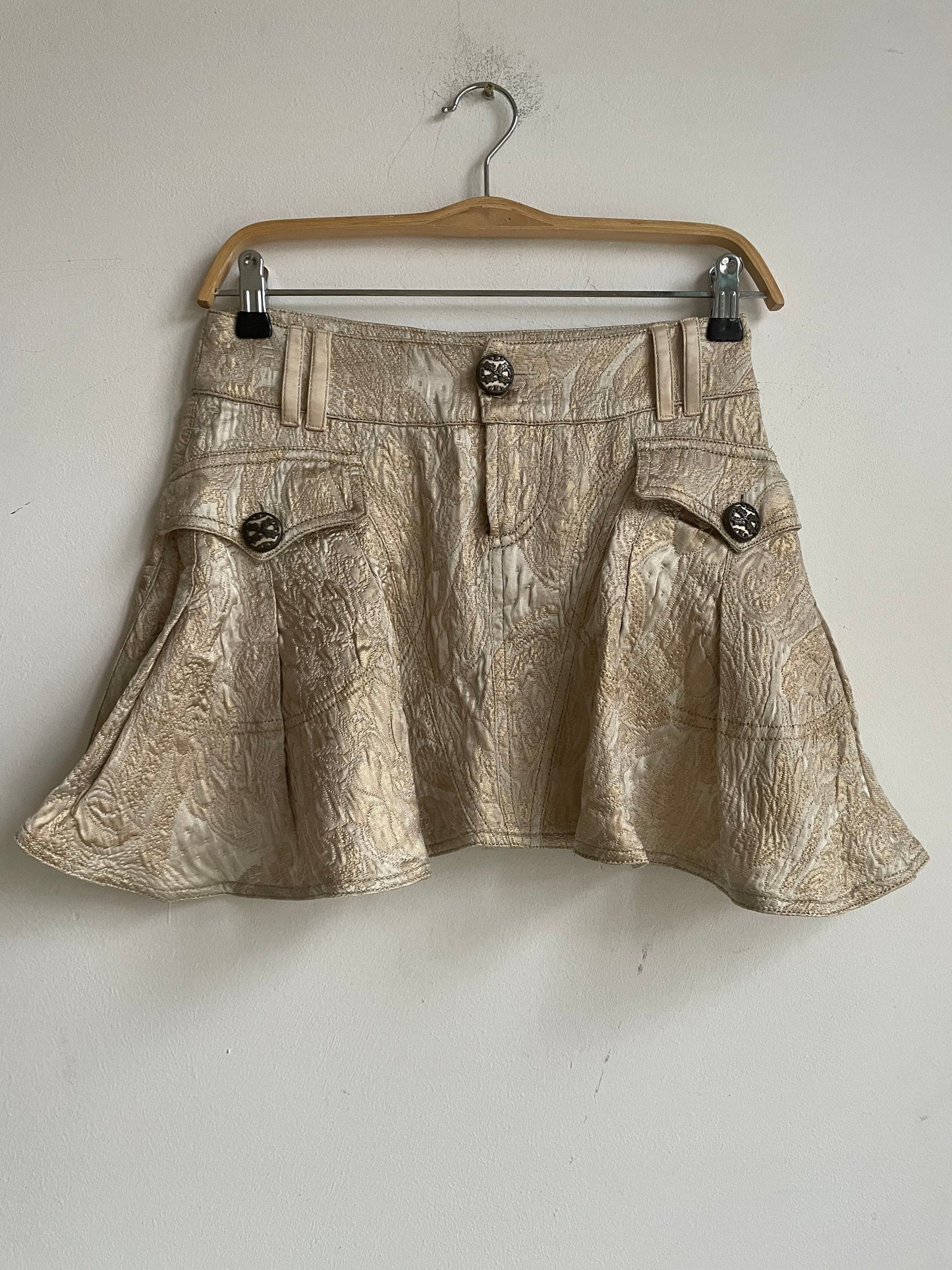 Roberto Cavalli Gold Brocade Mini Skirt – Vintage Y2K Designer Skirt Paris Hilton Style – Baroque Metallic Statement Piece – Italian Luxury