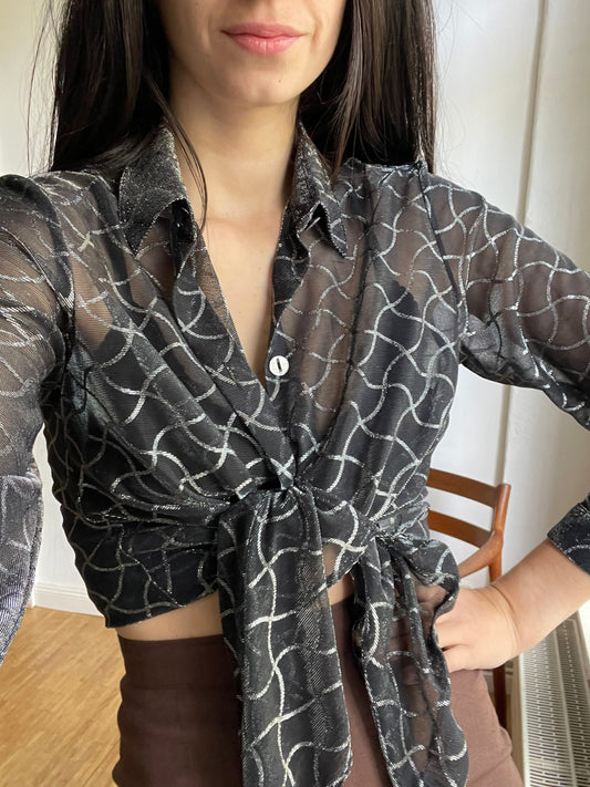 Vintage black see through woman blouse, Sheer black blouse with silver detailing, Retro glitter women blouse, Couture Punk shirt,