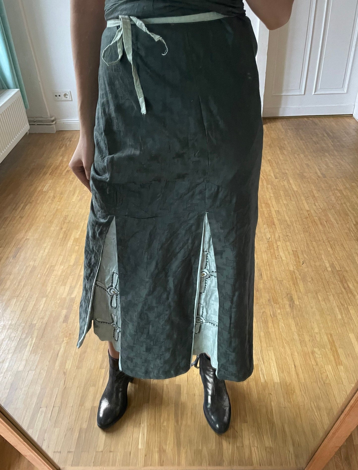 Handmade Sarong with embroidered cross, Vintage green summer skirt, costume, church clothing,