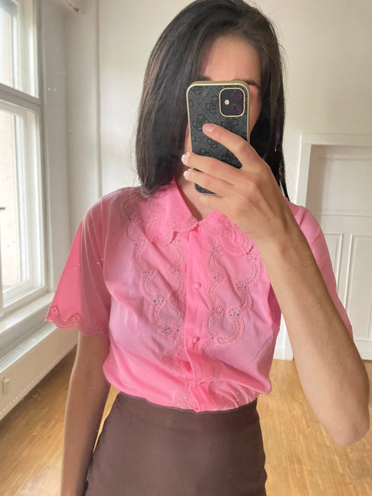 Vintage Pink Blouse with Lace Detailing, Romantic Feminine Top, Perfect for Jeans or High Waist Skirt, XS-S Fit, Unique Retro Style