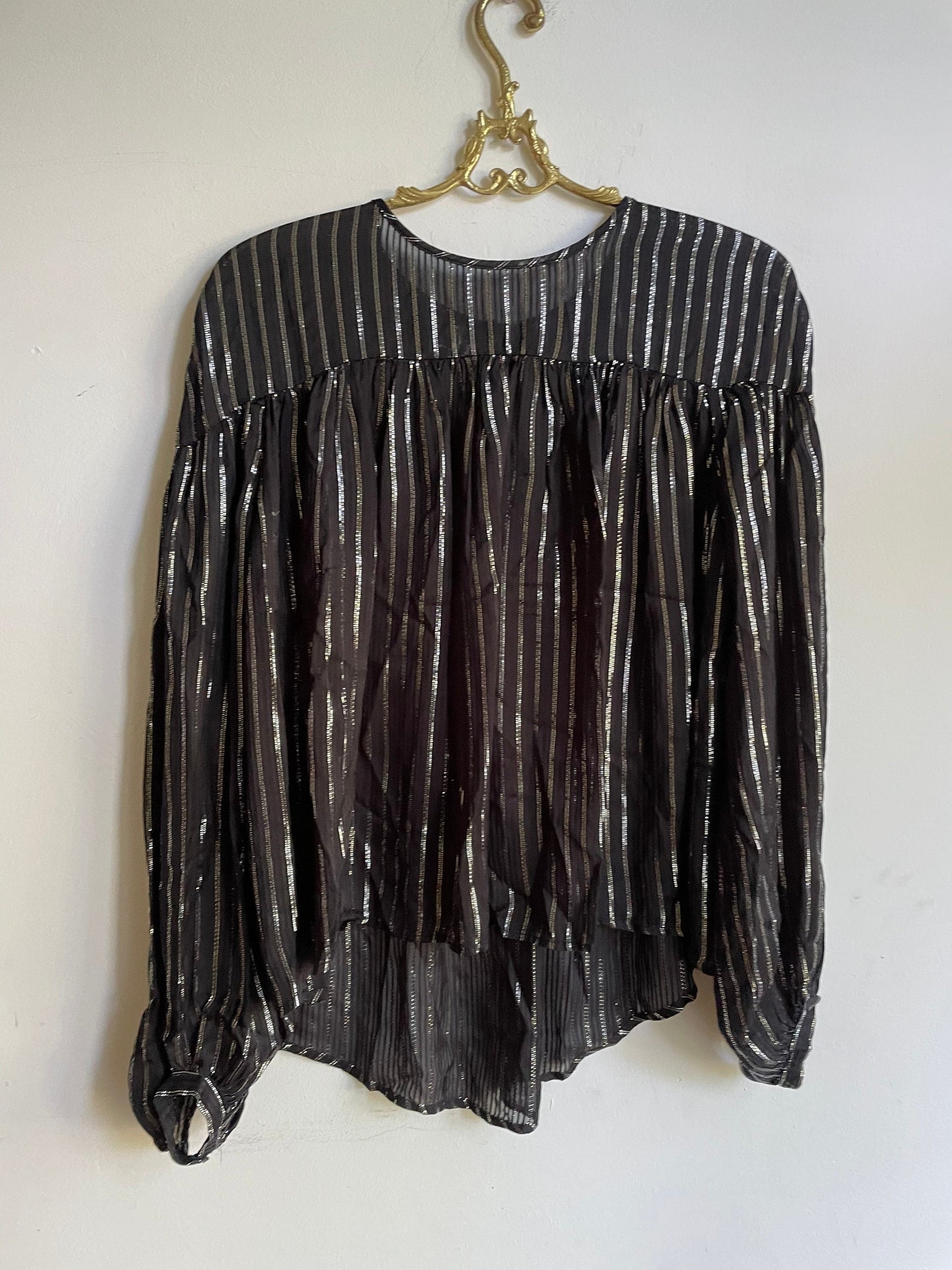 Black and silver glitter blouse, Vintage Old years eve outfit,Festive blouse, Long puffed sleeve party blouse, sheer top, Gothic outfit