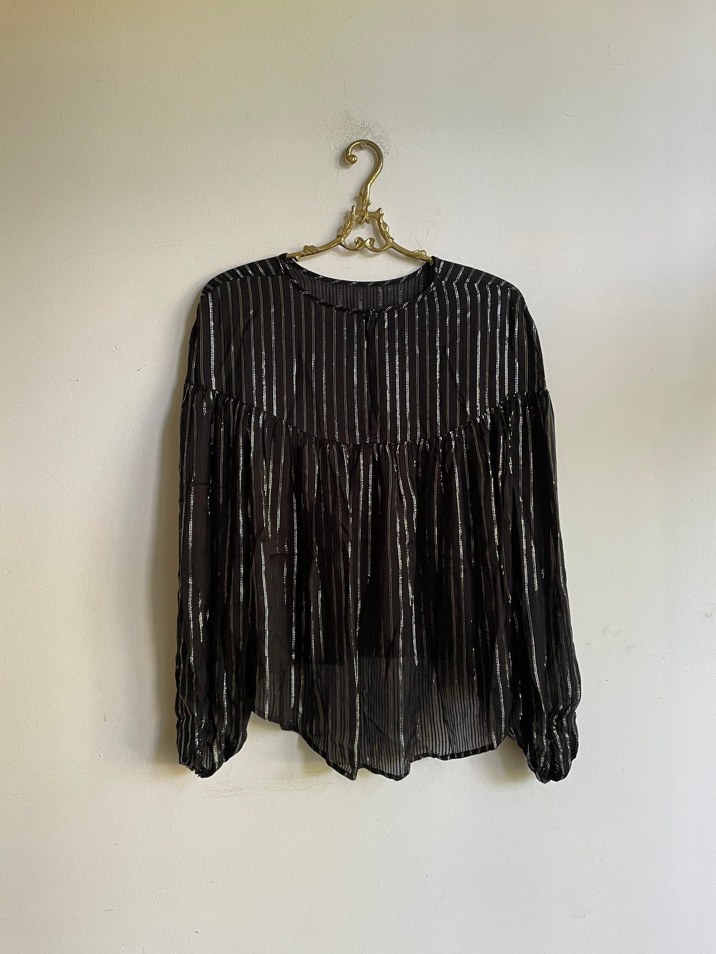 Black and silver glitter blouse, Vintage Old years eve outfit,Festive blouse, Long puffed sleeve party blouse, sheer top, Gothic outfit
