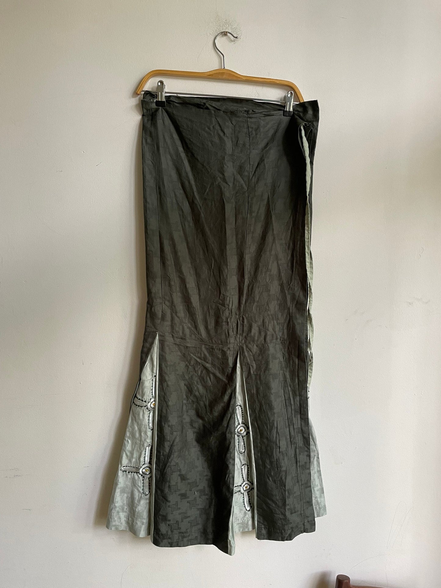Handmade Sarong with embroidered cross, Vintage green summer skirt, costume, church clothing,